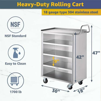 18" x 30" Five Shelf Commercial NSF Stainless Steel Utility Cart - Heavy Duty 304 Steel Service Cart with Enclosed Base, Open Front, Rolling Cart for Kitchen, Catering, Restaurant - size: 5 Shelf