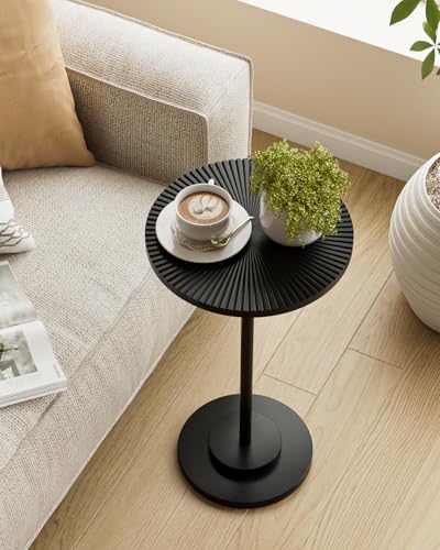 Round Side Table, Small Drink Table for Small Spaces, Black Carved | 23.6" Modern Accent Cocktail Table, Martini Table, End Table with Metal Leg for Living Room, Bedroom, Corners, and Office - color: Black