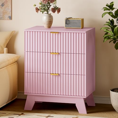 BORNOON Fluted Night Stand with 3 Drawers, Modern Bedside Table Dresser with Gold Handles, End Side Table Storage Cabinet for Bedroom - color: Pink, size: Standard