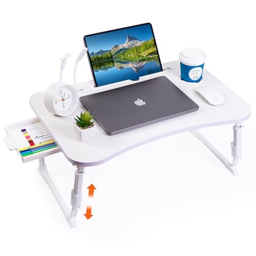 Laptop Desk for Bed, Height Adjustable Laptop Bed Table, Foldable Portable Lap Desk Stand with USB/Storage Drawer/Cup Holder/Slot, Breakfast Tray for Working Reading Writing Eating, White - color: White