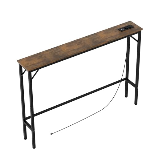 Aduanbang 5.9" Console Table with Outlet – Narrow Sofa Table, Behind Couch Table for Living Room & Hallway, 5.9" x 39.4" x 30", Metal Frame, Rustic Brown - color: Rustic Brown, size: 5.9"D x 39.4"W x 30"H