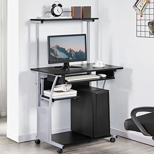 Topeakmart Compact Rolling Computer Cart with Keyboard Tray & Shelf, Black | Space-saving footprint, printer shelf, keyboard tray, smooth-rolling wheels, lightweight steel frame, for dorm, bedroom. - color: Black