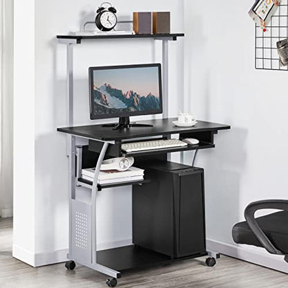 Topeakmart Compact Rolling Computer Cart with Keyboard Tray & Shelf, Black | Space-saving footprint, printer shelf, keyboard tray, smooth-rolling wheels, lightweight steel frame, for dorm, bedroom. - color: Black