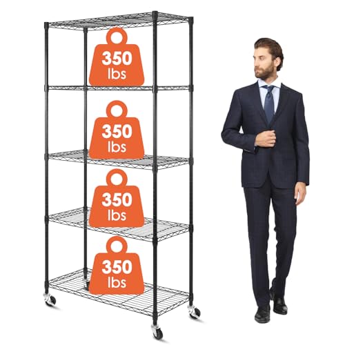 5 Tier Shelf Shelving Unit with Wheels,Adjustable Metal Shelves for Storage, NSF Wire Shelving Rack,350lbs Loading Capacity Per Shelf Storage Shelves for Kitchen Garage, 36" D x 16" W x 75" H - size: 5tier 36"D x 16"W x 75"H