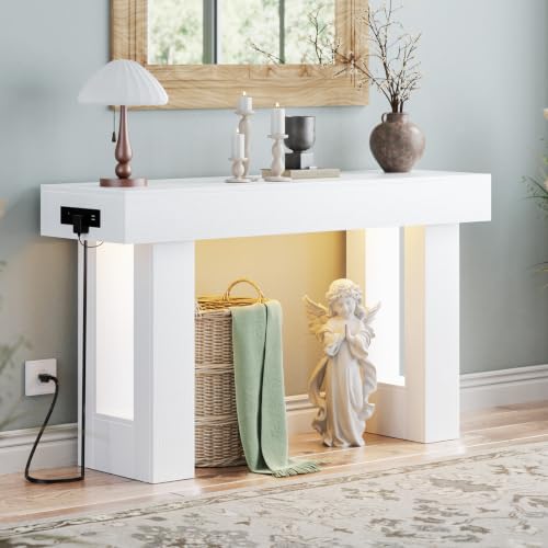 Unikito 47" Entryway Table with Socket & Sensor Light, Pure White | Narrow Console Table with Storage Behind Couch, Farmhouse Foyer Table with Open Storage Versatile for Entrance Living Room - color: Pure White, size: 47IN