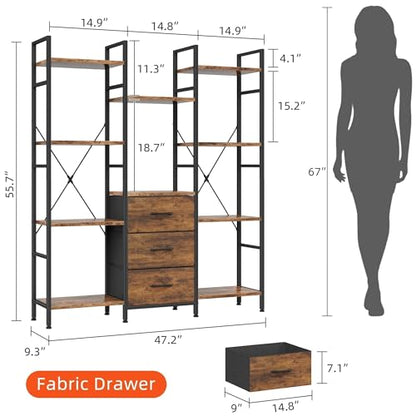AFLUI Triple Bookshelf with 3 Fabric Drawers, 4-Tier Book Shelf and 10 Display Shelves, Industrial Large Bookcase for Home & Office, Rustic Brown, 47'' Wide - color: Rustic Brown, size: 4 Tier(47" W)