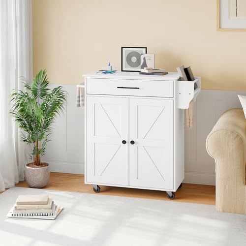 HOOBRO Kitchen Island with Power Outlet, Kitchen Storage Island with Large Worktop, Spice Rack and Drawer, Rolling Kitchen Island Cart on Wheels, for Kitchen and Dining Room, White WT88UZD01 - color: White
