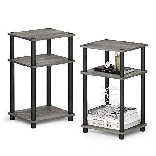 Furinno JUST Side Table Set of 2, 3-Tier Modern End Tables, Open Shelves Night Stand, Nightstand Set, Toolless Assembly, for Living Room, Bedroom, French Oak - color: French Oak Grey/Black, size: 3-Tier, Round Pole, style: 2-Pack