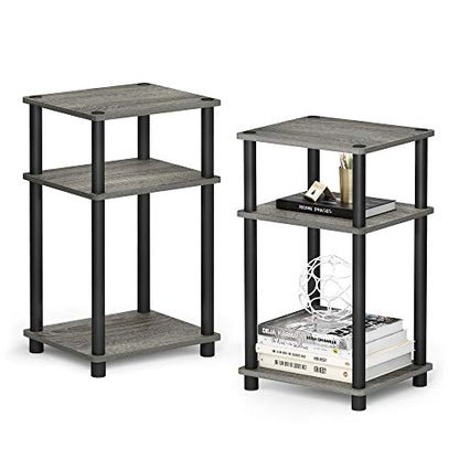 Furinno JUST Side Table Set of 2, 3-Tier Modern End Tables, Open Shelves Night Stand, Nightstand Set, Toolless Assembly, for Living Room, Bedroom, French Oak - color: French Oak Grey/Black, size: 3-Tier, Round Pole, style: 2-Pack