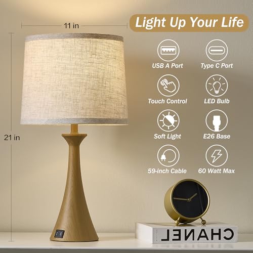 Touch Lamp for Living Room Bedroom, 21" Table Lamps Set of 2 with USB C+A Ports and Oatmeal Lamp Shades, Touch Bedside Lamps for Nightstand with 3 Way Dimmable, 2 LED Bulbs Included, Wood Grain - color: Wood Grain