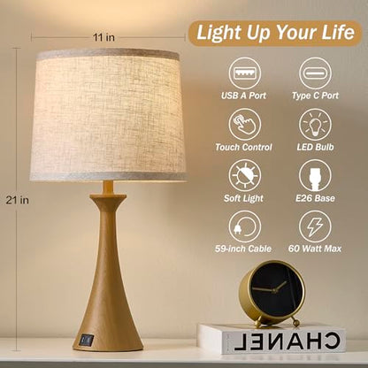 Touch Lamp for Living Room Bedroom, 21" Table Lamps Set of 2 with USB C+A Ports and Oatmeal Lamp Shades, Touch Bedside Lamps for Nightstand with 3 Way Dimmable, 2 LED Bulbs Included, Wood Grain - color: Wood Grain