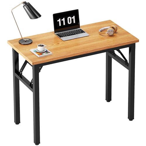 Need 31.5 Inch Folding Desk for Small Spaces, Home Office Computer Desk with Teak Wood Top & Black Frame, Foldable Writing Table for Study, Bedroom, Dorm Room & Student - color: Teak & Black, size: 31.5 inches
