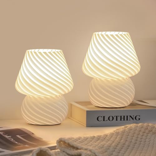 ONEWISH Mushroom Lamps Set of 2 - Small Bedside Table Lamp with Striped Glass, Nightstand Lamp for Bedroom, Living Room, Bulb Included(White) - color: Not-dimmable-‎white-2packs