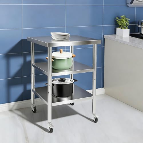 24"x24"x35" 3-Tier Industrial Work Table, Heavy Duty Stainless Steel Workstation with Adjustable Shelves, 470 lbs Top Load, 4 Swivel Casters and Leveling Feet for Restaurant or Home Use - size: 24x24x35 Inches