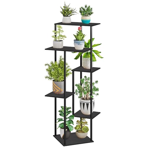 HAYOFAMY 6 Tier Black Plant Stand Indoor 43.7” Tall | Multiple Plant Shelf, Metal Wood Multiple, Flower Pot Holder for Living Room Office Balcony Patio