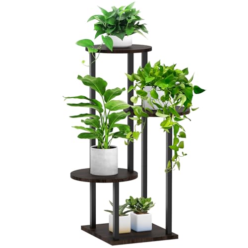 4 Tier Plant Stand Indoor, Metal Wooden Tall Plant Shelf Flower Pot Stand for Multiple Plants, Corner Flower Holder Plant Display Rack for Living Room Balcony Patio Garden (Black) - color: Black-4
