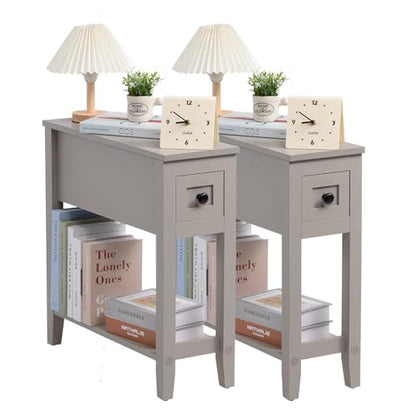 Grey 2 Pack Chairside Narrow End Table with Drawer, Solid Recliner Side Table with Storage Shelf, Slim Nightstand Bedside Table for Bedroom - size: 2 Grey