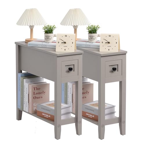 Grey 2 Pack Chairside Narrow End Table with Drawer, Solid Recliner Side Table with Storage Shelf, Slim Nightstand Bedside Table for Bedroom - size: 2 Grey