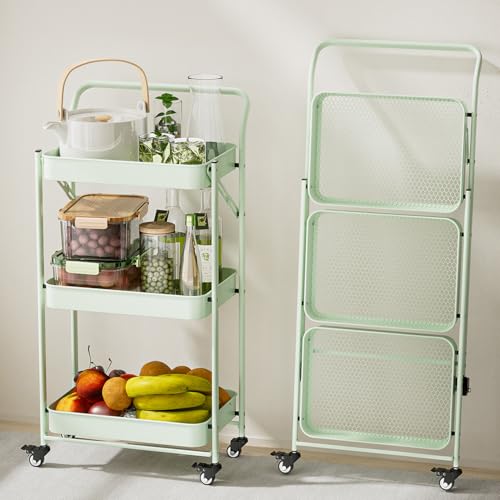 JAQ Foldable Rolling Cart, 3-Tier Metal Folding Storage Utility Carts Basket Rack Organizer with Handle on Wheels for Snacks Books Fruits for Kitchen Living Room Pantry Bathroom - (Green, 3-Layer) - color: Green/3-tier