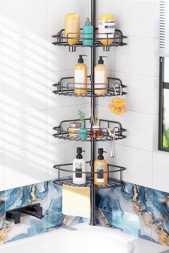HAMITOR Shower Caddy Tension Pole: 4-Tier Rustproof Bathroom Corner Shelf Organizer for Renters - No Drill Large Shampoo Storage Rack - Adjustable 47-121 Inch - Space Saving Bathtub Accessory - Black - color: Black