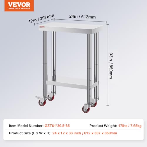 Vevor Stainless Steel Work Table with Wheels 24 x 12 x 32 Inch Prep Table with 4 Casters Heavy Duty Work Table for Commercial Kitchen Restaurant Business : Industrial & Scientific - size: 24*12*34In, style: With Caster