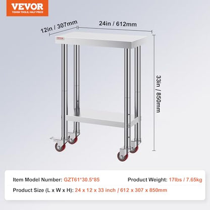 Vevor Stainless Steel Work Table with Wheels 24 x 12 x 32 Inch Prep Table with 4 Casters Heavy Duty Work Table for Commercial Kitchen Restaurant Business : Industrial & Scientific - size: 24*12*34In, style: With Caster