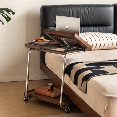 YESWOOD Adjustable C-Shaped Couch Table with Lockable Wheels – Rolling Small Space Side Table, Solid Wood End Table for Sofa, Bed & Living Room, (Teak,16.41" D x 24.4" W x 24.52" H) - color: Teak