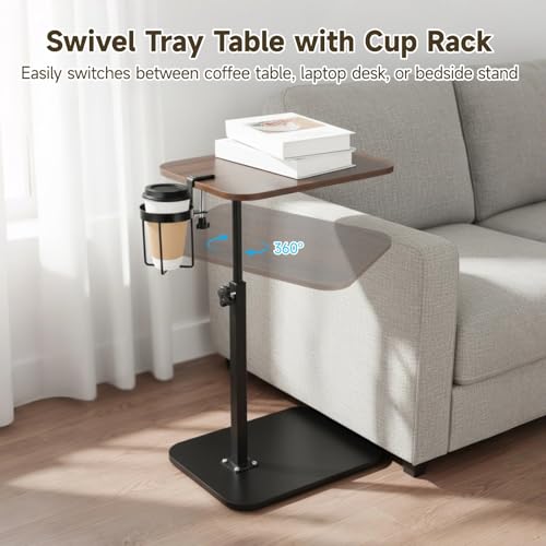 Rotating C Shaped Side Table with Cup Holder, Adjustable Height Sofa Side Table, 360 Swivel Tray Table, Slide Under Couch End Table for Bedside, Laptop, Small Space