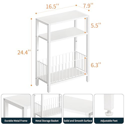 Yoobure Narrow Side Table with Storage Basket, Small End Table for Small Spaces, Skinny Side Tables Living Room Bedroom Office, Slim Nightstand 3 Tier Bedside Table Space-Saving for Magazine, White - color: White