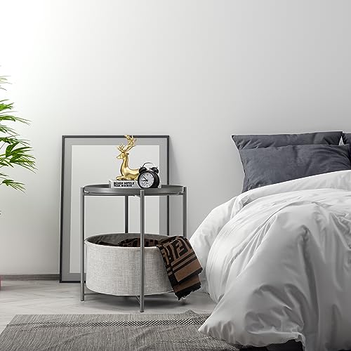 danpinera Round Side Table with Fabric Storage Basket,Small Sofa Table | Metal End Stand for Small Space, Living Room, Bedroom, Nursery, Laundry, Modern Nightstand with Removable Serving Tray, Gray - color: Grey
