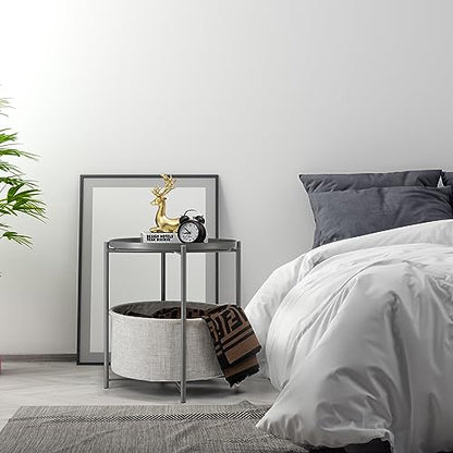 danpinera Round Side Table with Fabric Storage Basket,Small Sofa Table | Metal End Stand for Small Space, Living Room, Bedroom, Nursery, Laundry, Modern Nightstand with Removable Serving Tray, Gray - color: Grey