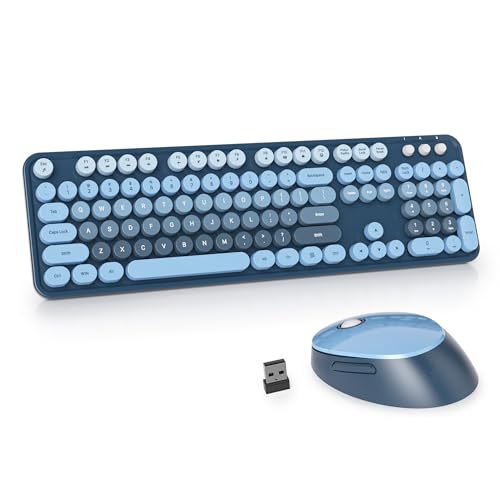Guffercty kred Colorful Blue Wireless Keyboard and Mouse Combo, Retro Typewriter Wireless Full-Size Cute Office Keyboard 2.4GHz with Round Keycaps for Desktop Laptop and PC (Ocean Blue) - color: Ocean Blue