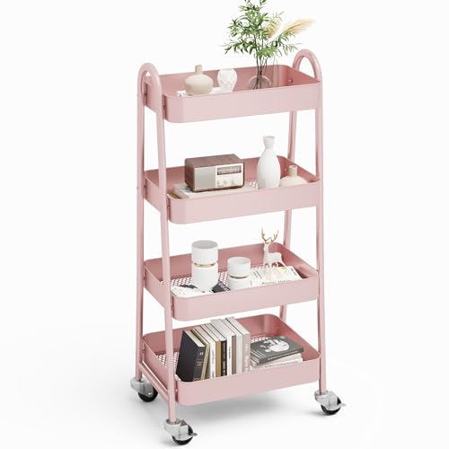 NEWBULIG 4-Tier Metal Rolling Storage Utility Cart with Lockable Wheels | Mobile Organizer Shelf, Space-Saving, Freestanding, Bathroom, Living Room, Slim, Narrow Corner Spaces, Pink - color: Pink, size: 4 Tier