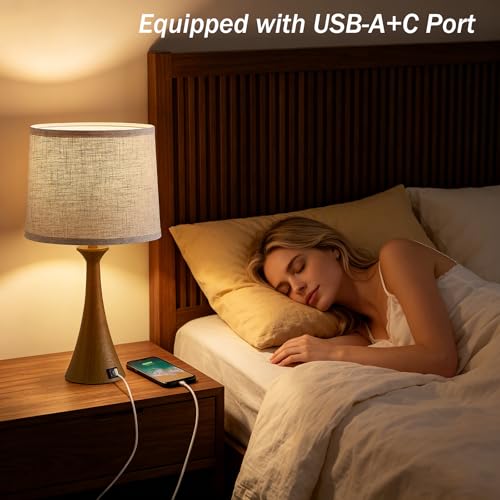 Touch Lamp for Living Room Bedroom, 21" Table Lamps Set of 2 with USB C+A Ports and Oatmeal Lamp Shades, Touch Bedside Lamps for Nightstand with 3 Way Dimmable, 2 LED Bulbs Included, Wood Grain - color: Wood Grain