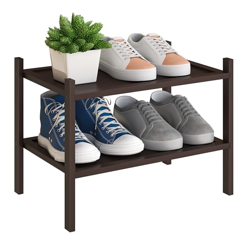 BMOSU 2-Tier Bamboo Small Shoe Rack Premium Stackable Shoe Shelf Storage Organizer for Hallway Closet Living Room Entryway Organizer(Brown) - color: Brown, size: Small-2-Tier（17*11*12.6inches）