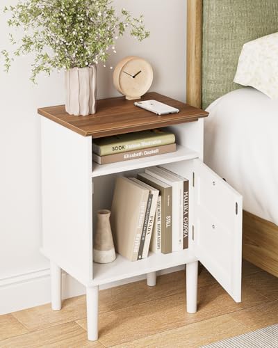 Nightstand, Boho Night Stand with 1 Drawer, Modern Side Accent Table with Open Shelf, Wooden Top Bedside End Table for Bedroom, Living Room, White - color: White