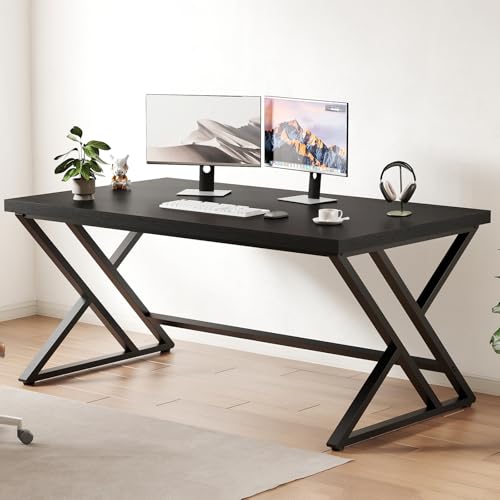 LVB Black Computer Desk, Modern Gaming PC Writing Desk for Home Office, Metal Computer Study Work Table for Bedroom, Industrial Executive Student Simple Workstation Desk, 55 in, Black Oak - color: Black Oak, size: 55 inch