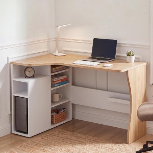 Garvee L Shaped Desk with Storage Shelves, Small Corner Desk for Small Spaces, Corner Table with 3 Tier Shelves, Home Office, Writing Study Gaming Desk Oak Wood - color: Oak