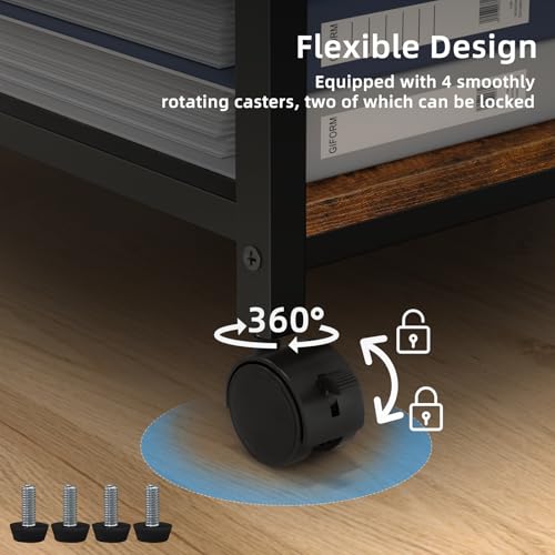 Lerliuo 24" Wide Large Printer Stand with Storage, Brown | Printer Table for Home Office with Charging Station, 3 Tier Industrial Mobile Printer Cart with Lockable Wheels - color: Brown