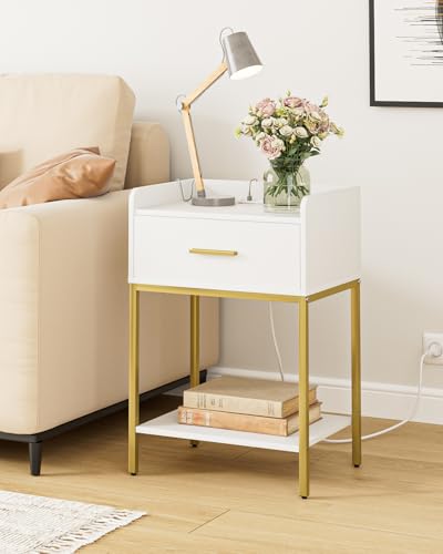 Nightstand with Charging Station,3-Tier Bedside Table for Small Space,Modern Night Stand with Storage Drawer and Shelf,Small Side Table for Bedroom,Living Room,White - color: White With Charging Station