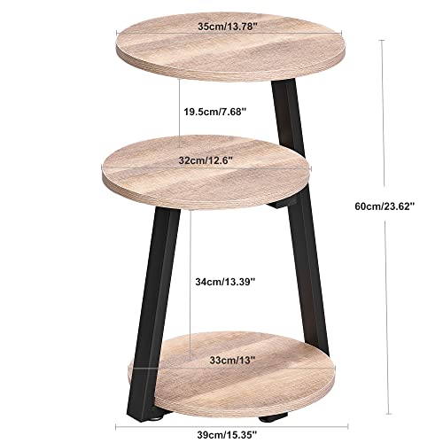 BEWISHOME Small Round Side Table, End Table with Storage Shelves, Greige | Metal Frame, 3-Tier Shelves, Nightstand Bedside Table, Small Couch Coffee Table, KTZ41G - color: Greige, size: without PowerOutlet