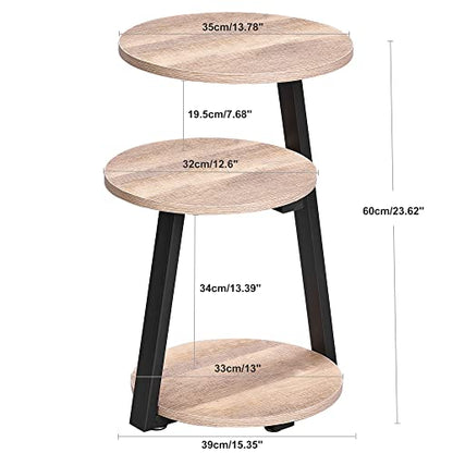 BEWISHOME Small Round Side Table, End Table with Storage Shelves, Greige | Metal Frame, 3-Tier Shelves, Nightstand Bedside Table, Small Couch Coffee Table, KTZ41G - color: Greige, size: without PowerOutlet