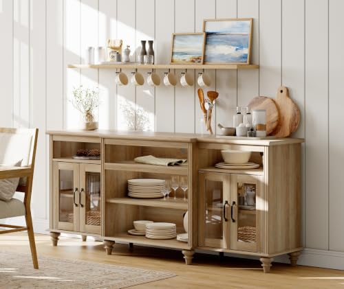 WAMAPT Buffet Cabinet with 4 Glass Doors, Large Coffee Bar Tables Wood Kitchen Storage Cabinets with 9 Storages, Modern Farmhouse Sideboard Credenza, Oak, 70 inch - color: Oak