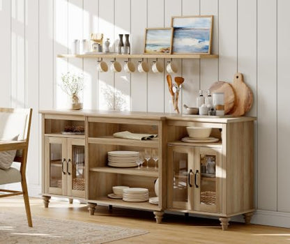 WAMAPT Buffet Cabinet with 4 Glass Doors, Large Coffee Bar Tables Wood Kitchen Storage Cabinets with 9 Storages, Modern Farmhouse Sideboard Credenza, Oak, 70 inch - color: Oak