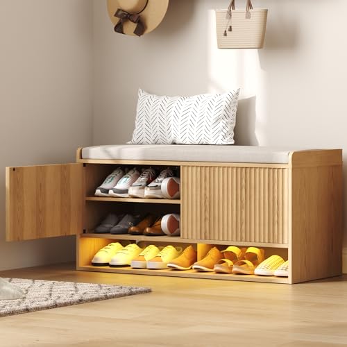 HOMEFORT 39.4" Fluted Shoe Storage Bench, Entryway Bench with Linen Seat Cushion, Shoe Cabinet Bench with Adjustable Shelf and Built-in LED Sensor Light, Bench for Bedroom End of Bed, Natural Oak - color: Natural Oak, size: 39.4"Wx15.15"D x19.3"H