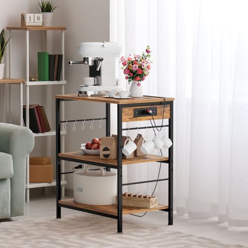 ETELI Bakers Rack with Power Outlet Microwave Stand Cart with Storage Coffee Station Table Cart on Wheels for Kitchen Living Room Bedroom, Rustic Brown - color: Brown