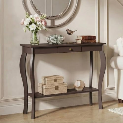 ChooChoo Narrow Console Table with Drawer, Chic Accent Sofa Entryway Table with Shelves for Entryway, Living Room, Hallway, Espresso - color: Espresso, size: 11.8"D x 39.3"W x 31.4"H