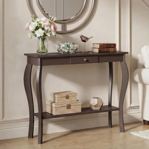 ChooChoo 47 Inch Narrow Console Table with Drawer, Chic Accent Sofa Entryway Table with Shelves for Entryway, Living Room, Hallway, Espresso - color: Espresso, size: 11.8"D x 47.2"W x 31.4"H