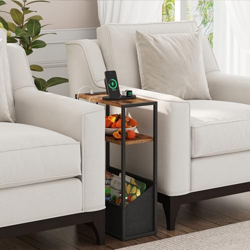 TUTOTAK Keep Phones Charged & Books Organized with Slim 3-Tier Side Table with Charging Station for Living Room Bedroom TB01BB095 - color: Brown