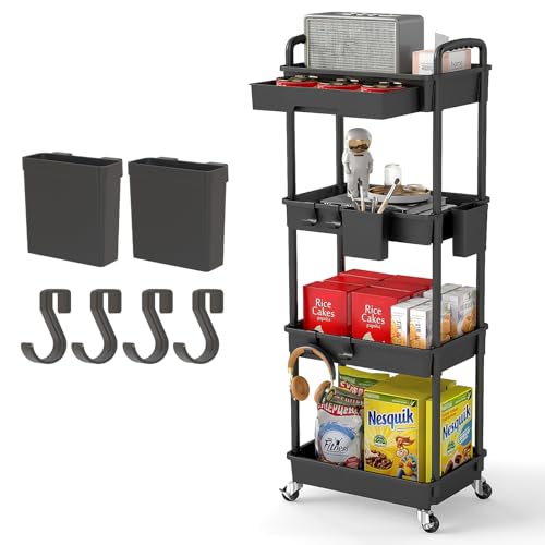 4 Tier Rolling Utility Cart with Drawer,REBECAT Utility Cart Made of Multifunctional Storage Organizer Tool for Kitchen,Bathroom,Living Room,Office(Black) - color: Black